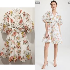 NWT AU0 Zimmermann Floral Pleated Puff-sleeve Mini Dress